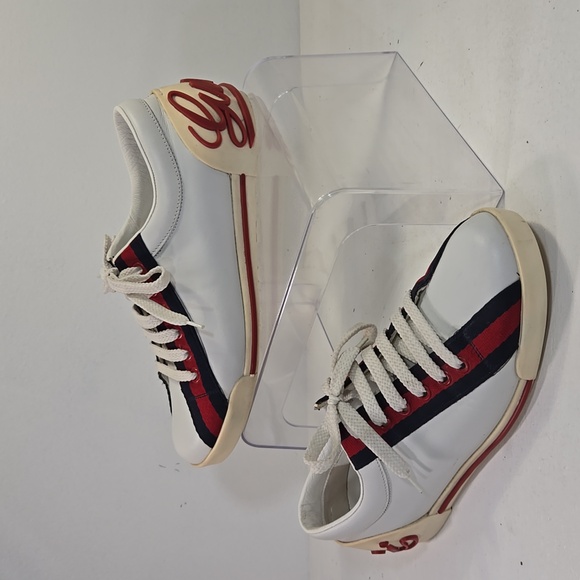 Gucci Boulevard Vintage Stripe White Leather Cursive Logo Women's Sneakers 7 - Picture 1 of 15
